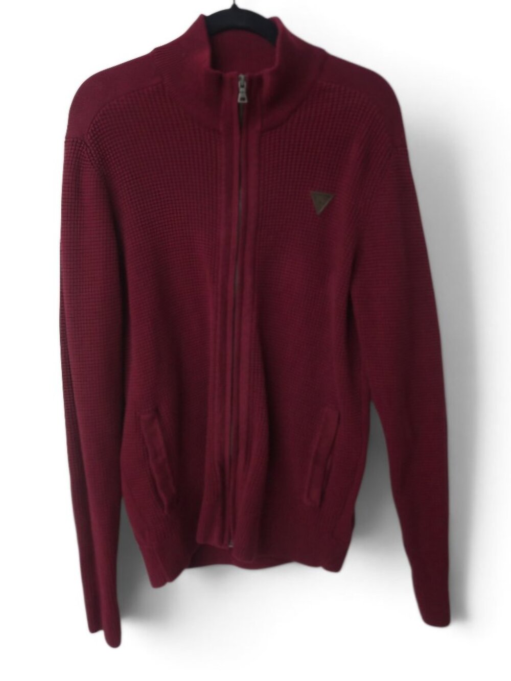 GUESS Sweater Jacket Men XL Burgundy Waffle Knit Full Zip Mock Neck Gorpcore